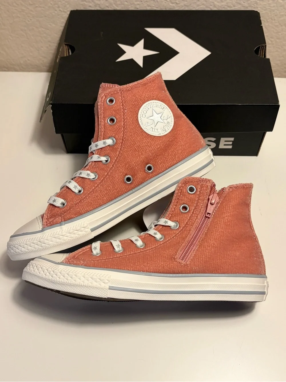 Converse Chuck Taylor All Star Side Zip Hi Rust Pink Velvet Glitter Junior 3 New
